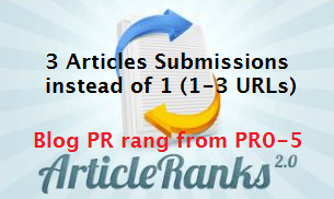 submit 3 Spun Articles to ArticleRanks with 3 URLs giving you 180 to 450 Juicy Backlinks from PR0 to PR5 Blogs Dripping over Several Weeks