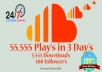 add Soundcloud 55,555 plays, 5,555 downloads and 100 followers, up to 5 tracks!!!!!!!