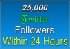 send 25,000 real looking followers to your twitter account within 24 hours without admin access