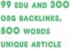 create 99 Edu and 300 Org, 399 Contextual Backlinks, 500 Words Unique Article, by Seo Experts