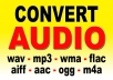 convert your audio files to requested audio format, files like wav, mp3, wma, flac, aiff, aac, m4a, ogg