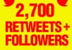  give you 2,700+ AUTHENTIC Retweets and send 2,700+ followers to your account Extremely fast...!!!!1