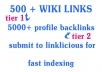 build 500+ high pr contextual WIKILINKS and 5000 forum profile backlinks for indexation, 2 Tier architecture + report