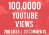 give you 100,000+ Youtube views plus 200 likes and 20 Custom Comments