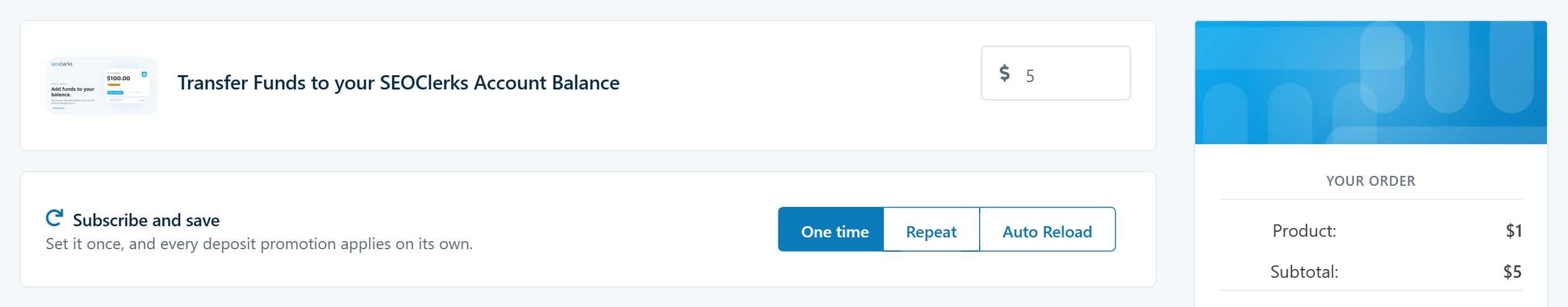 The One time, Repeat and Auto Reload buttons on the deposit page