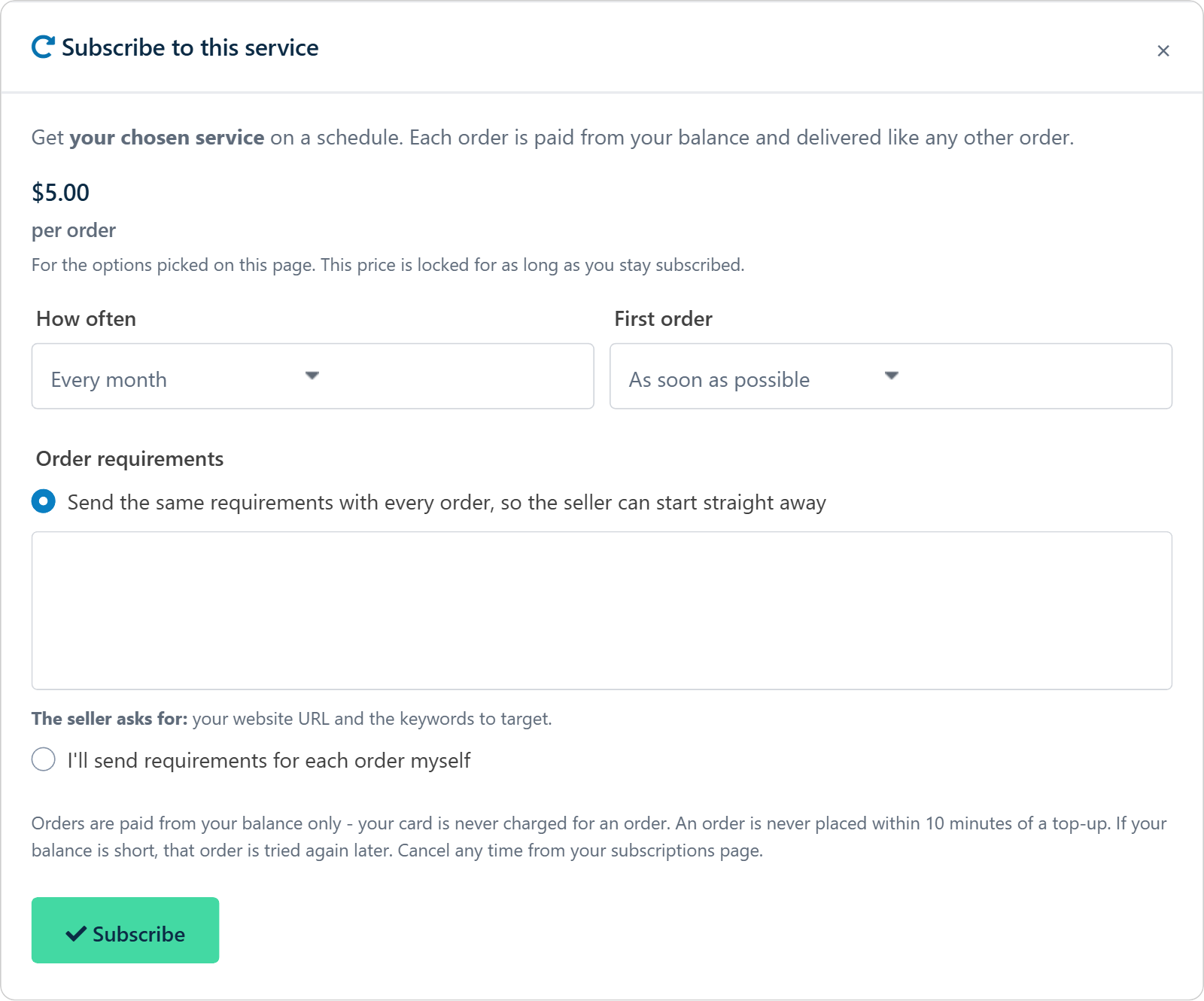 The Subscribe window: price per order, how often, first order and requirements