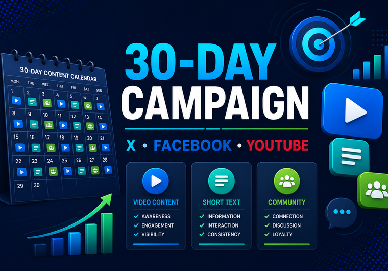 I will create a 30 day social media campaign for X Facebook or YouTube