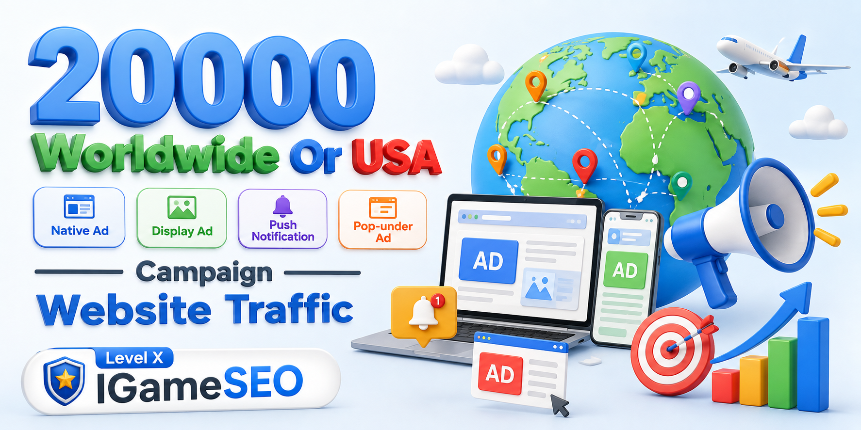 20000 Worldwide Or USA Native Ad Display Ad Push Notification Pop-under Ad Campaign Website Traffic 