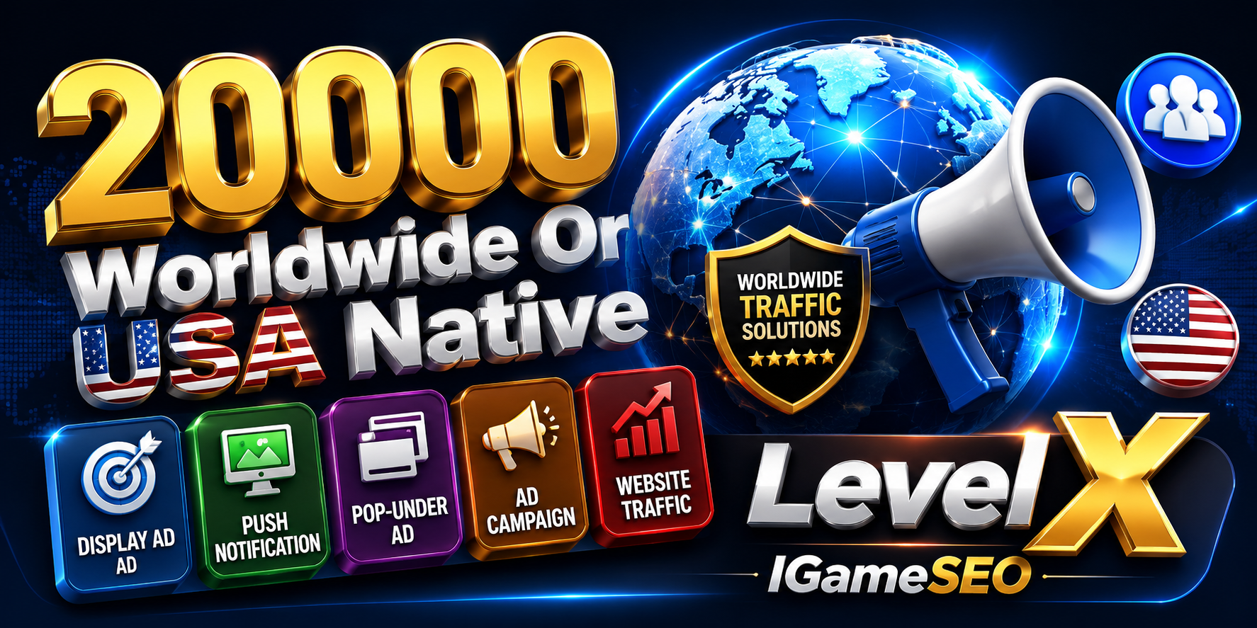 20000 Worldwide Or USA Native Ad Display Ad Push Notification Pop-under Ad Campaign Website Traffic 