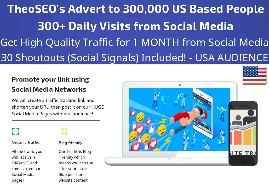 Get 1 Month Traffic with 300+ Daily Visits from Social Media and 30 USA Shoutouts Social Signals 
