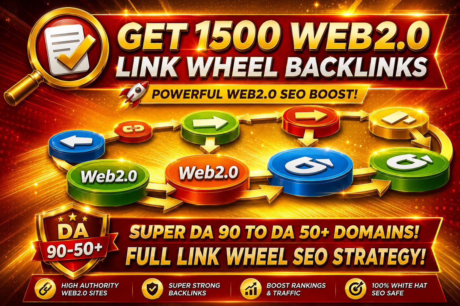 Get Super DA 90 to DA 50 Web2.0 1500 full link wheel backlinks that increase your site rank 