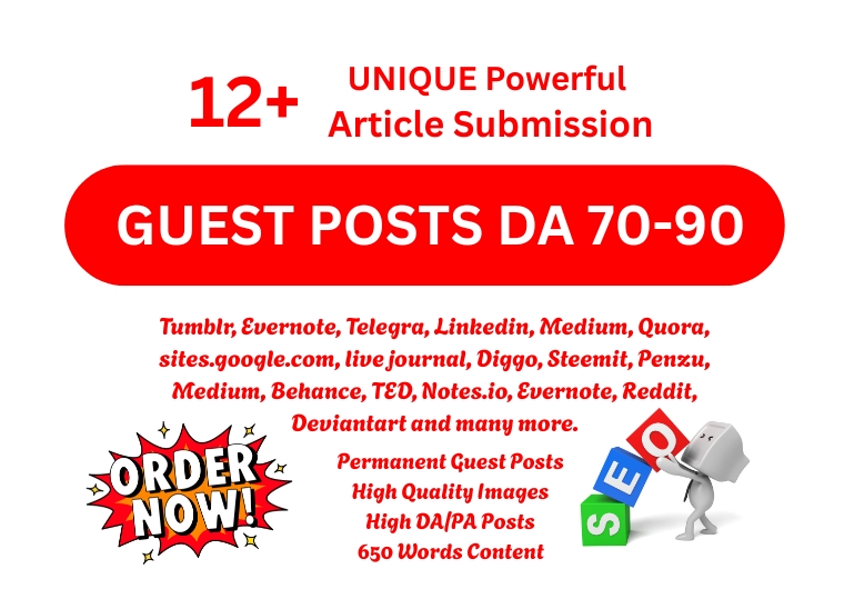 Get 12 Unique Manual Article Submission Backlinks on DA90+ Authority Platforms