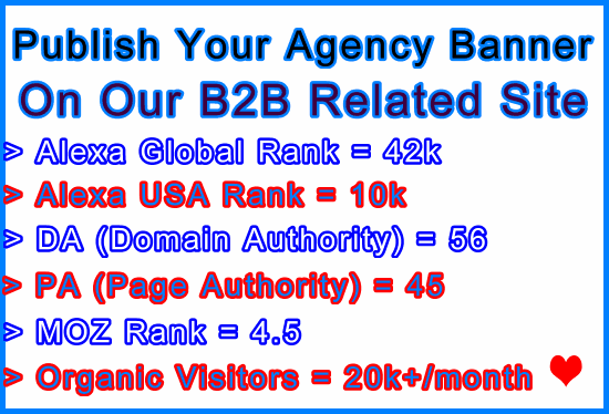 Publish Banner on Our B2B Agency | Alexa Global 42k | DA 56 | PA 45 | 20K+ Visitors/mo