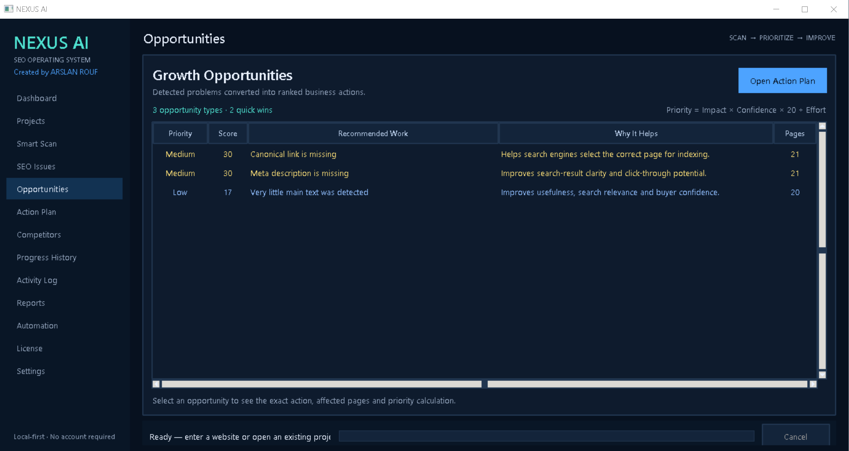 NEXUS AI Windows SEO Audit Software - Smart Scan & Reports
