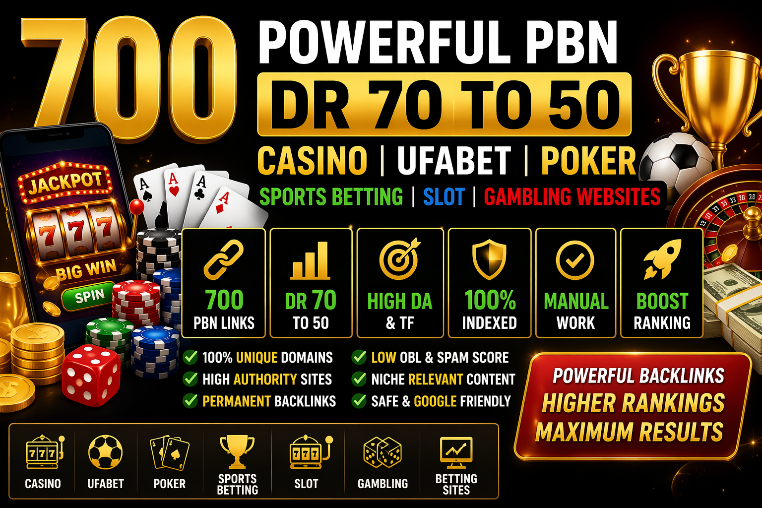Get 700 Powerful PBN DR70 TO 50 Casino UFAbet Poker sports Betting slot Gambling Websites