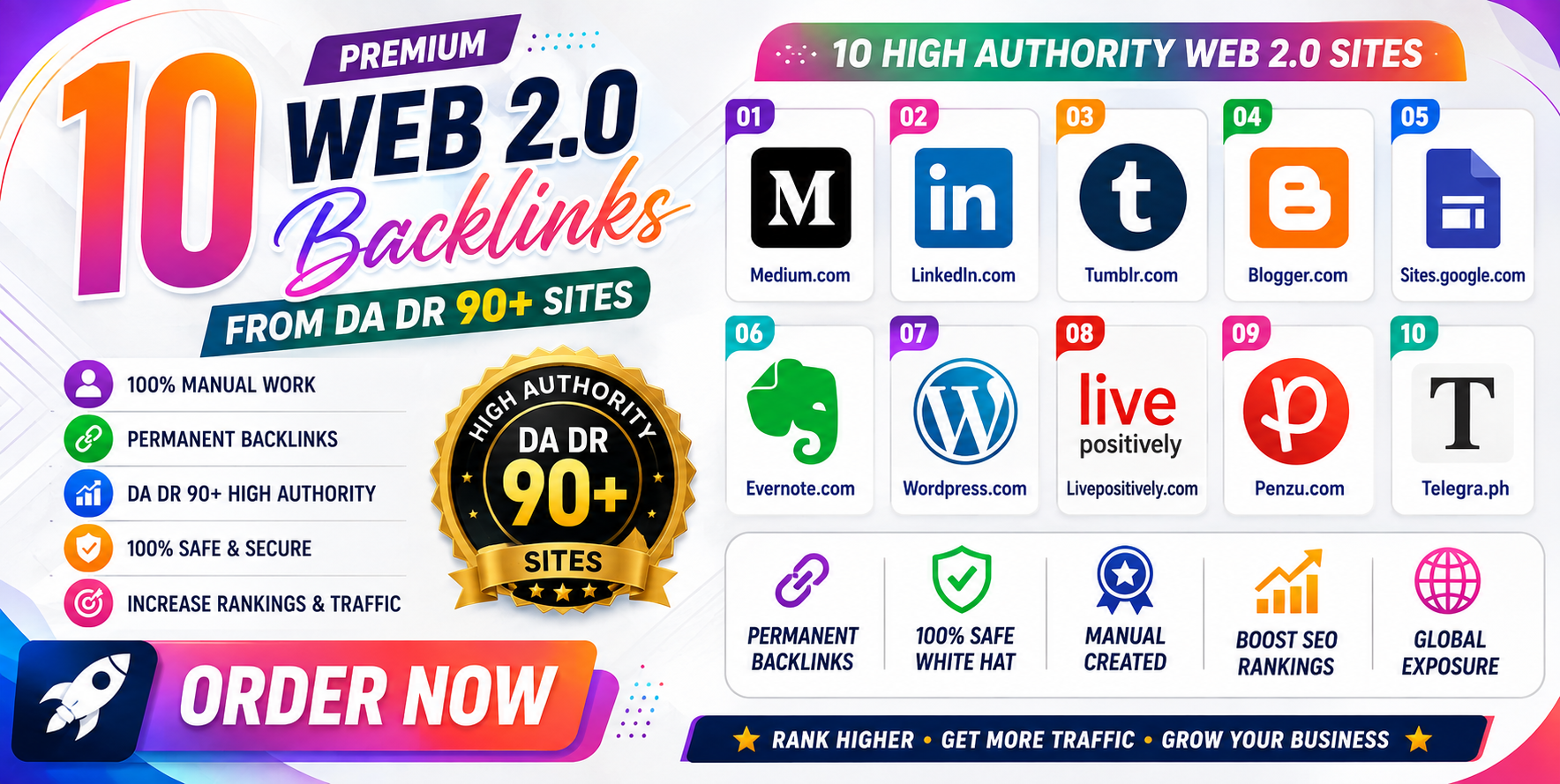 10 Permanent Handmade Web 2.0 Backlinks DA DR 90 Plus sites - Rank Safely on Google