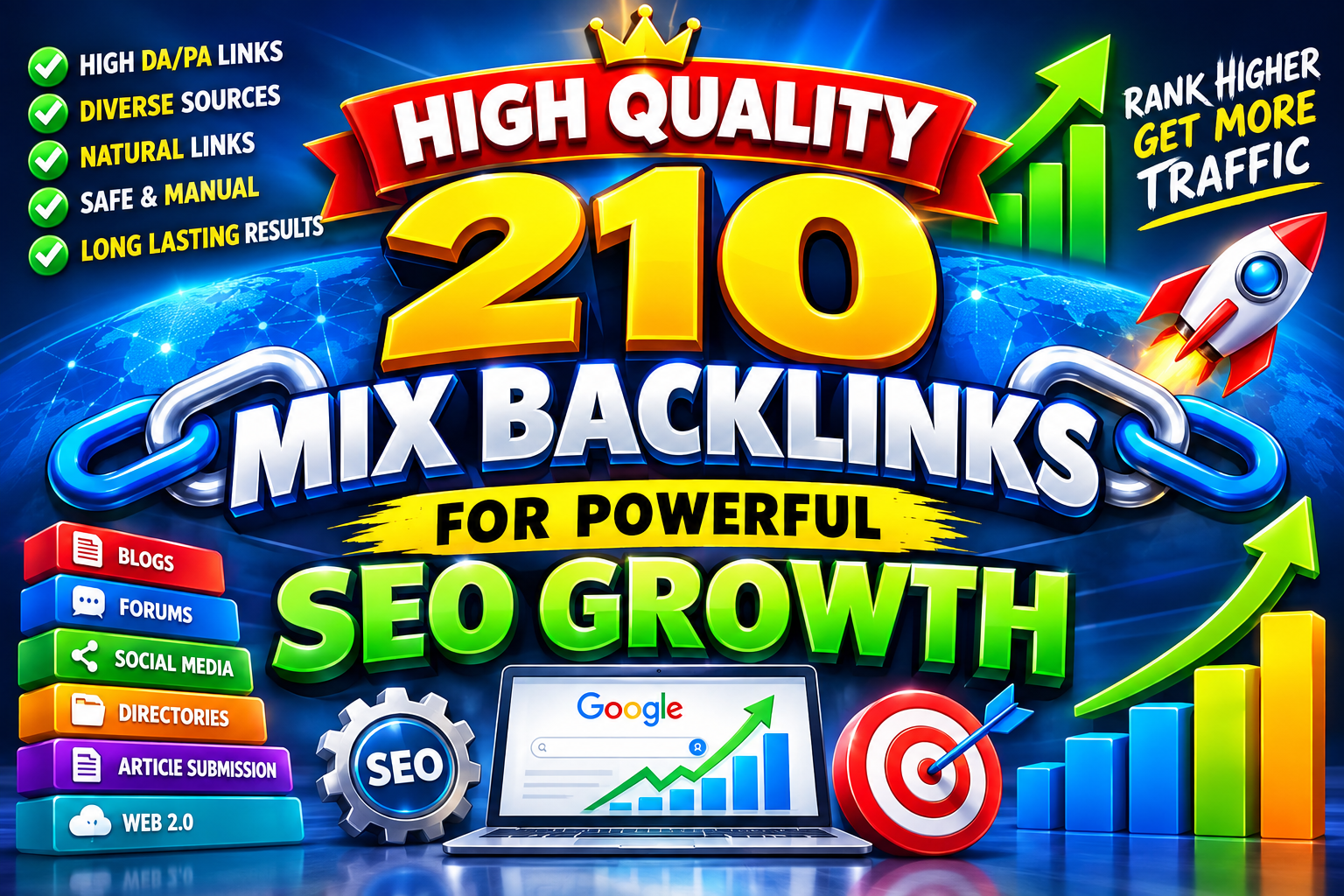 I Will build High Quality Powerful 210 Mix Backlinks for Powerful SEO Growth