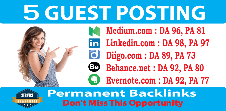 Write & Publish 5 Guest Blog Posts DA90+ Websites
