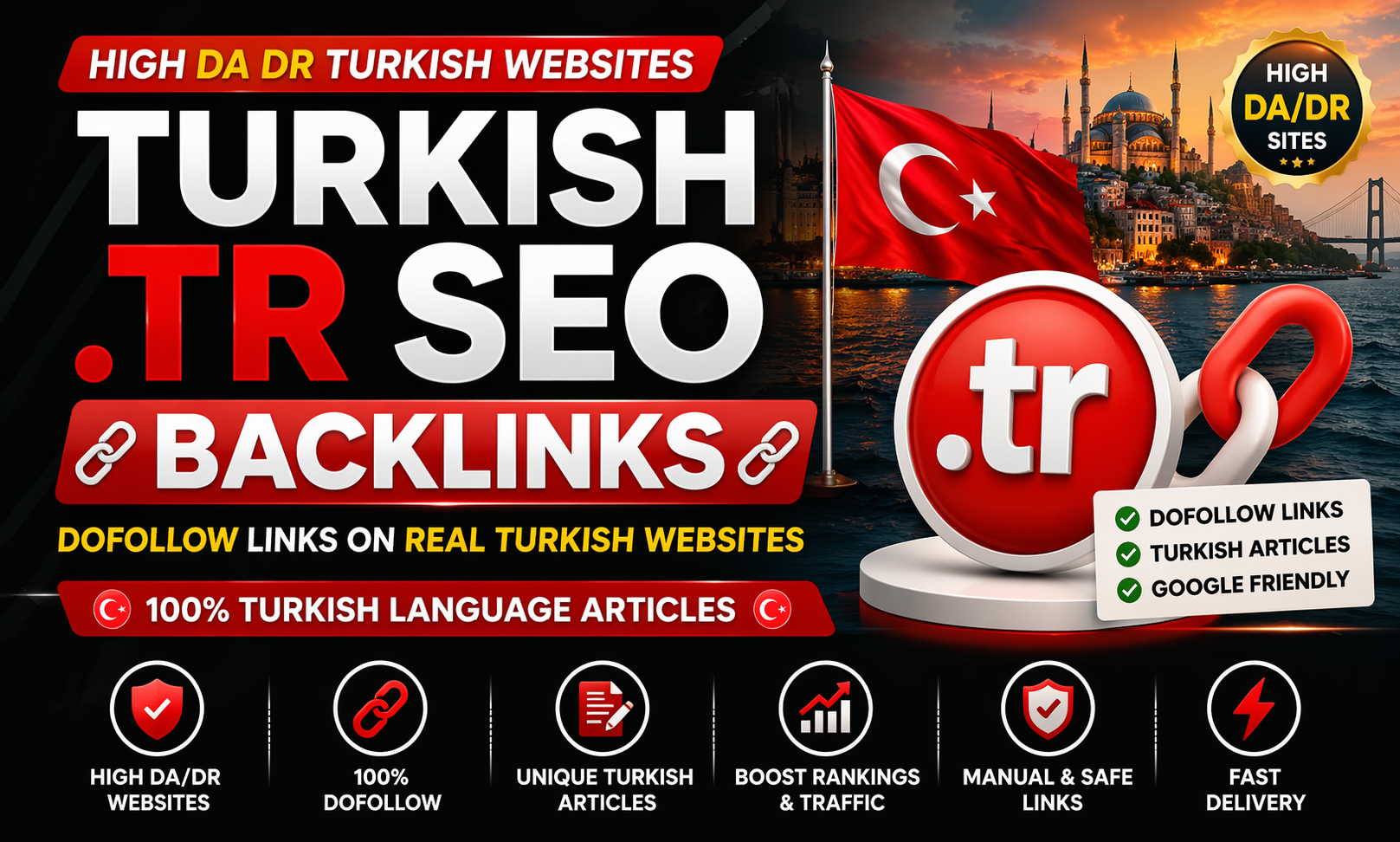I will do 20 High DA DR Turkish .TR SEO Backlinks | Dofollow Links on Real Turkish Websites