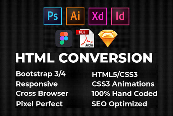 I will convert psd, pdf, sketch and xd to html, responsive bootstrap 3,4