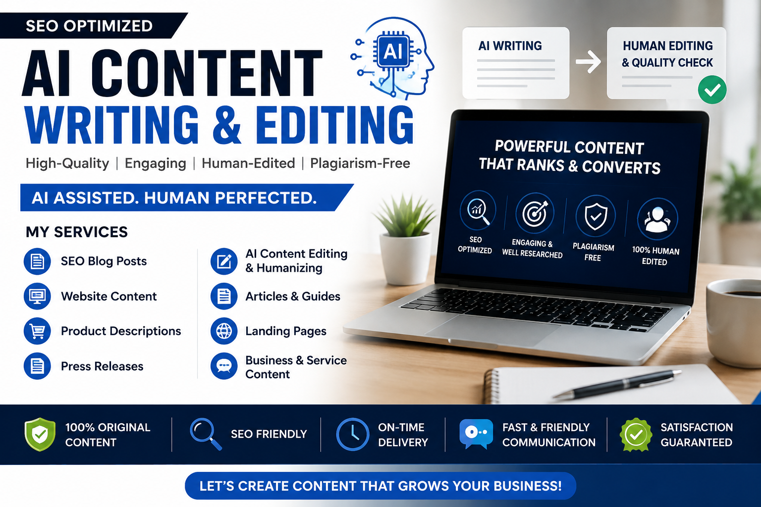 I will write SEO optimized AI content, blog posts, website content, and product descriptions