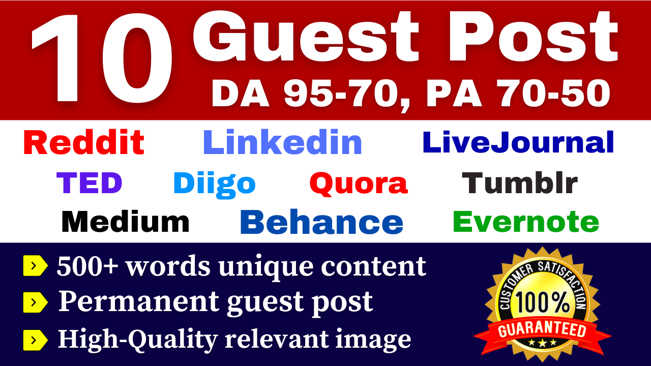 I will write and publish 10 high quality guest posts on da 80 to 97 Reddit Medium Linkedin Behance
