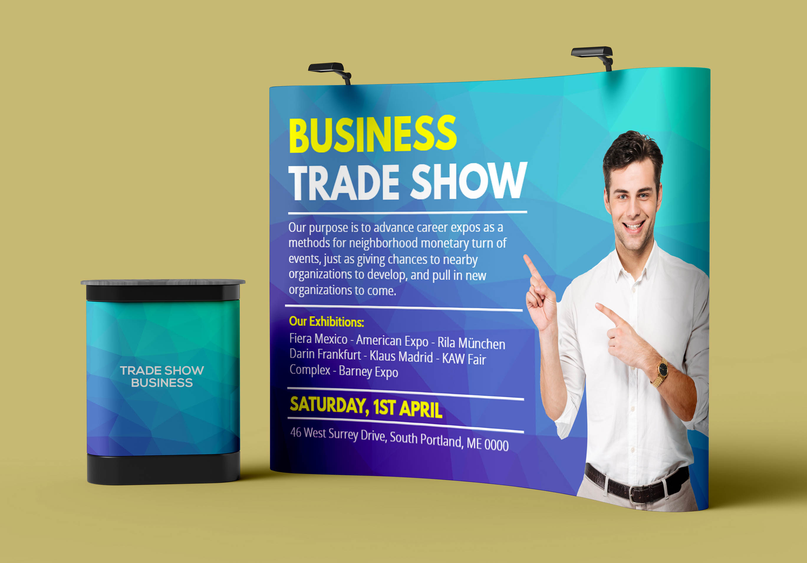 I will design eye catching exhibition backdrop, rollup banner, trade show booth and signage design