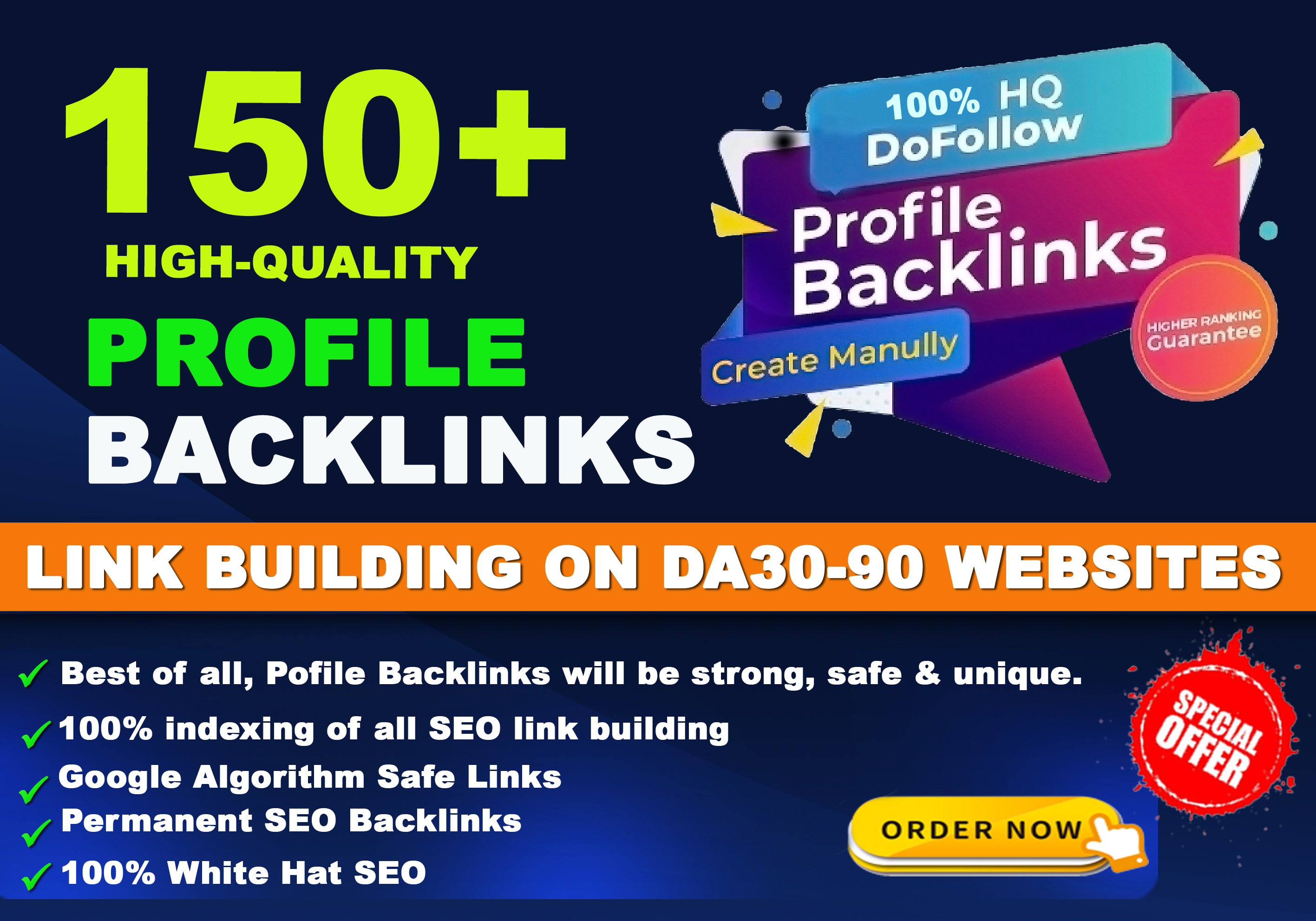 I will do 150 high authority SEO profile backlinks DA 30-90