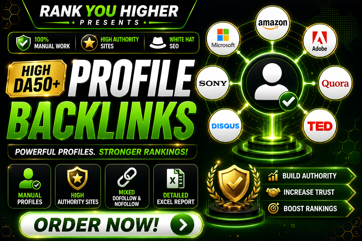 create 30 high da50+ white hat SEO dofollow profile backlinks