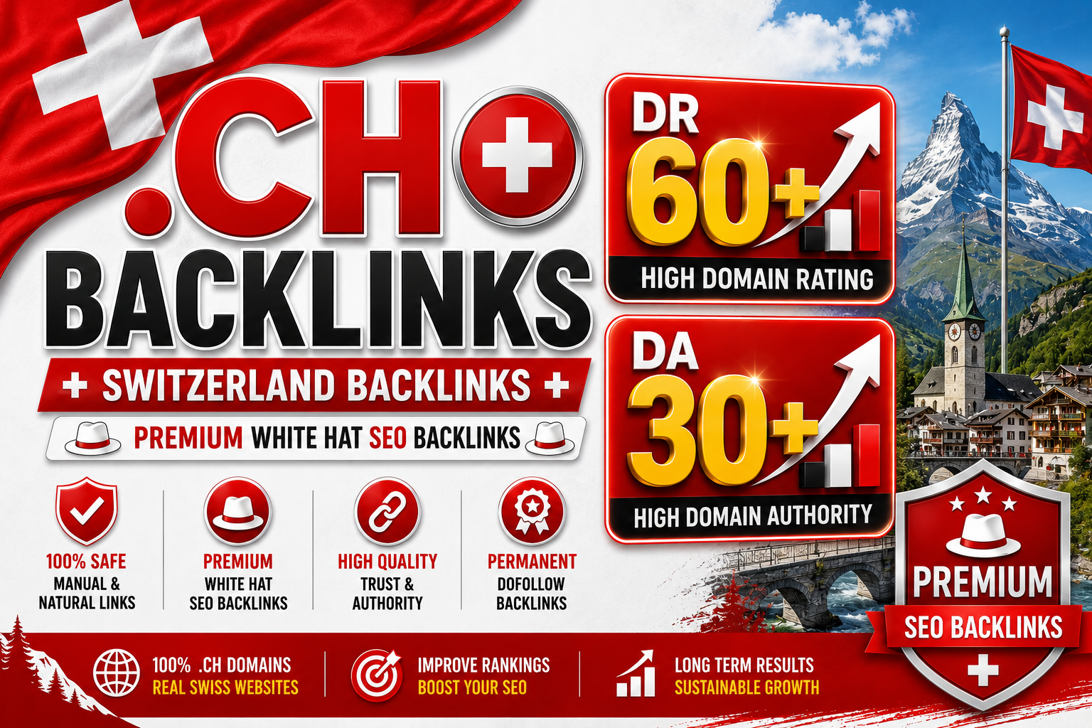 I will create 10 High Quality .ch Switzerland DR 60+& DA 30+ Backlinks