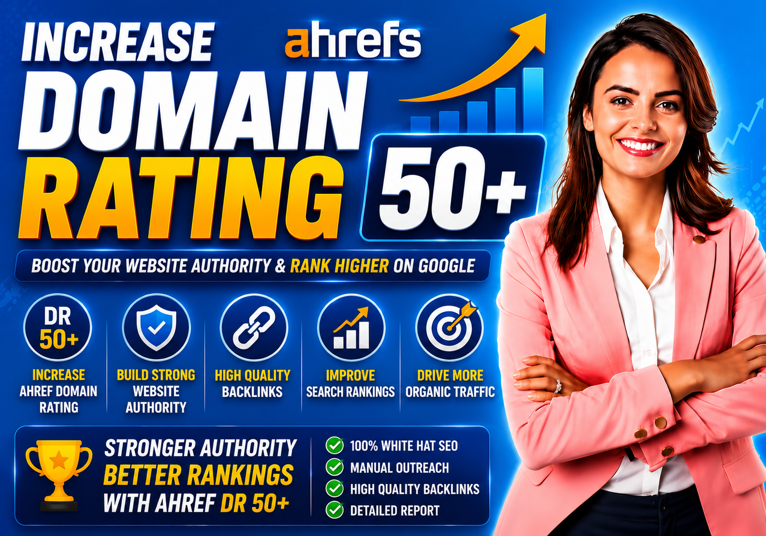 I will increase domain rating, ahrefs DR 50 plus with authority backlinks