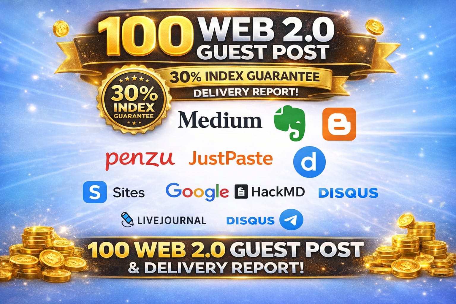 100 web2.0 guest post 30% index on Tumblr, Medium, Blogger, penzu plus 96 different sites 