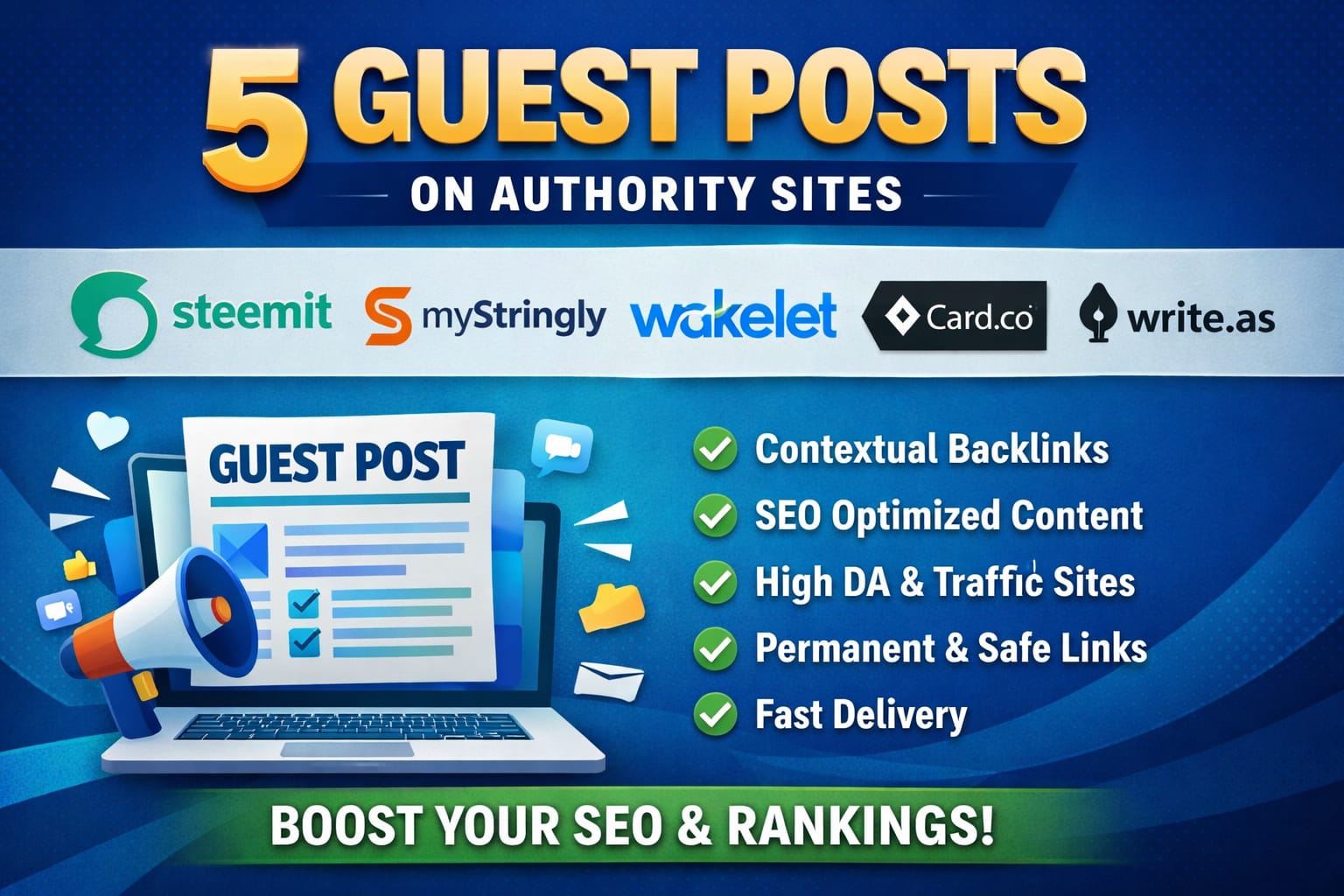 I will publish 5 high quality guest posts on Steemit, MyStringly, Wakelet, Card. co & Write. as