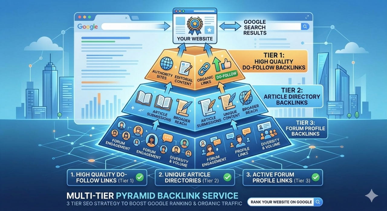 Rank Your Website on Google 3 Multi-Tier Pyramid 1500 Backlink