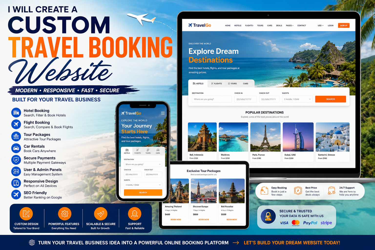 I Will Create a Custom Travel Booking Website with Hotel, Tour