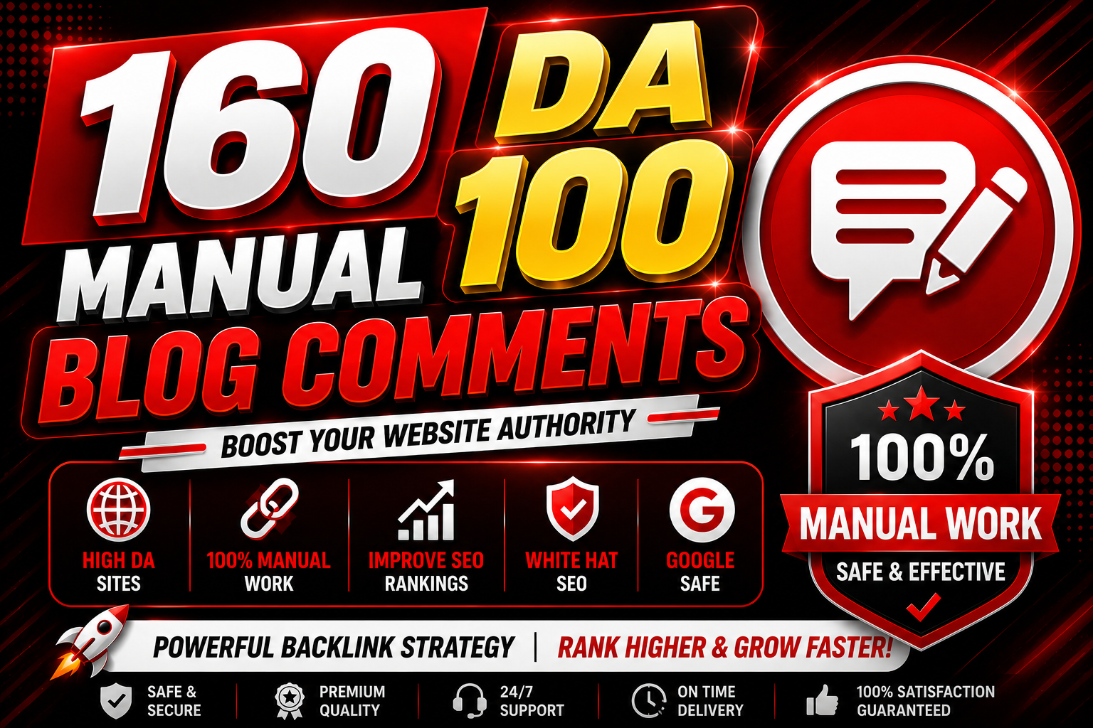 Get 160 Dofollow Blog Comments Backlinks on DA100 PR 10 Unique Sites Manually SEO