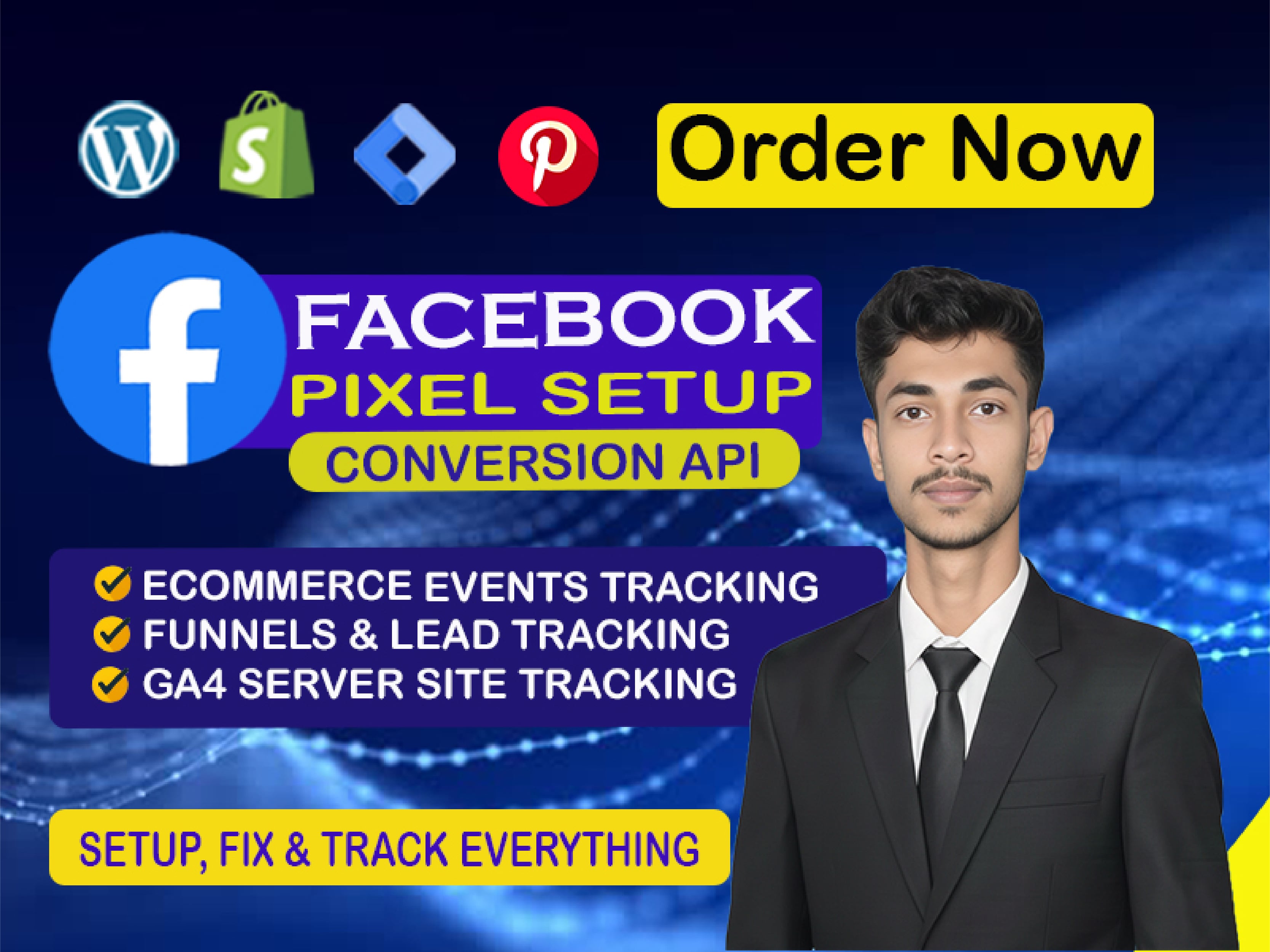 I will setup Facebook pixel, conversion API & GA4 tracking perfectly