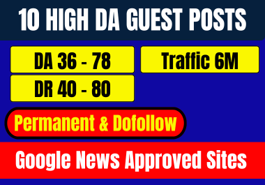 I will provide 10 High DA Guest Posts on DR 40 to 80 Plus Sites 