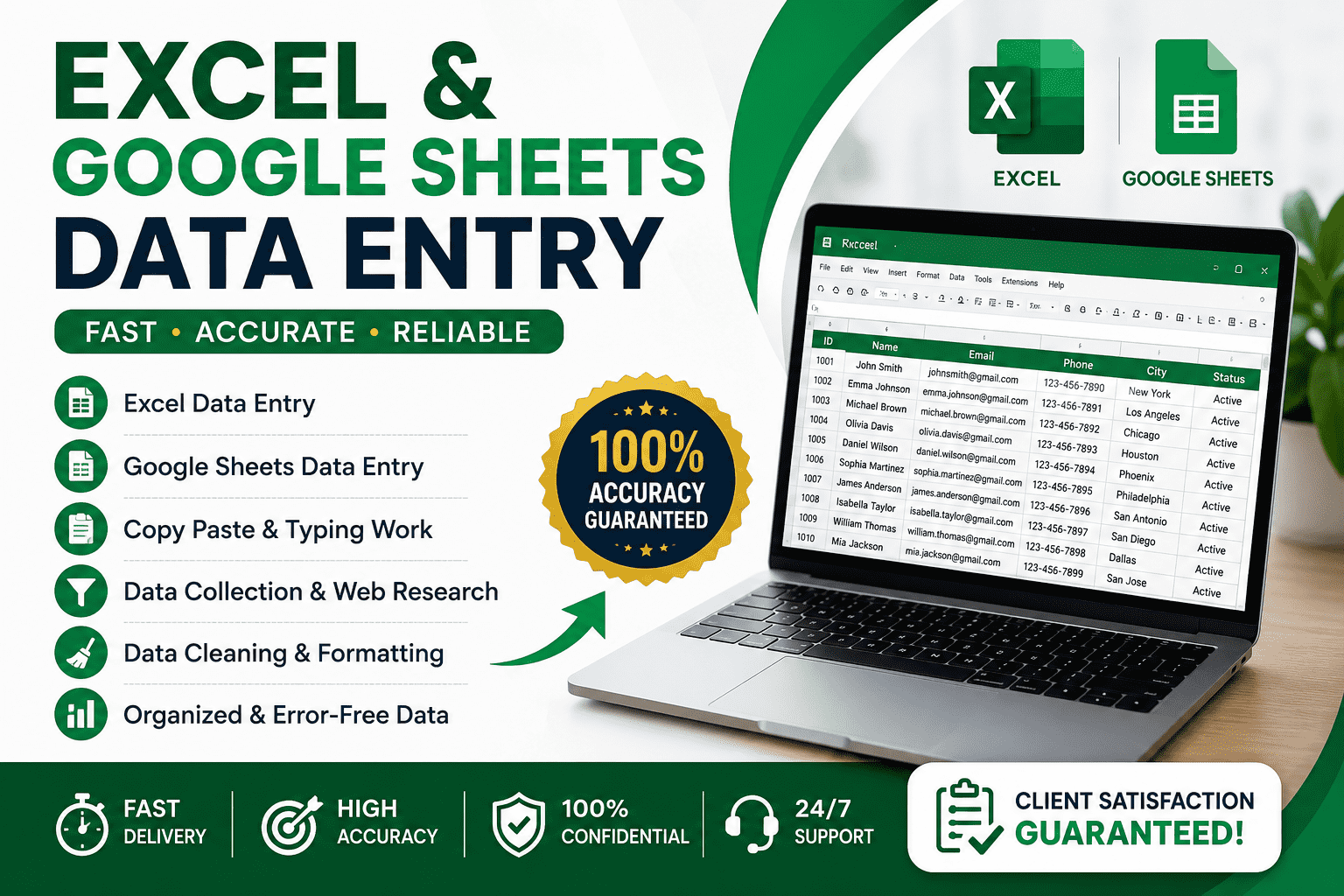I will do Excel data entry, Google Sheets data entry and data management
