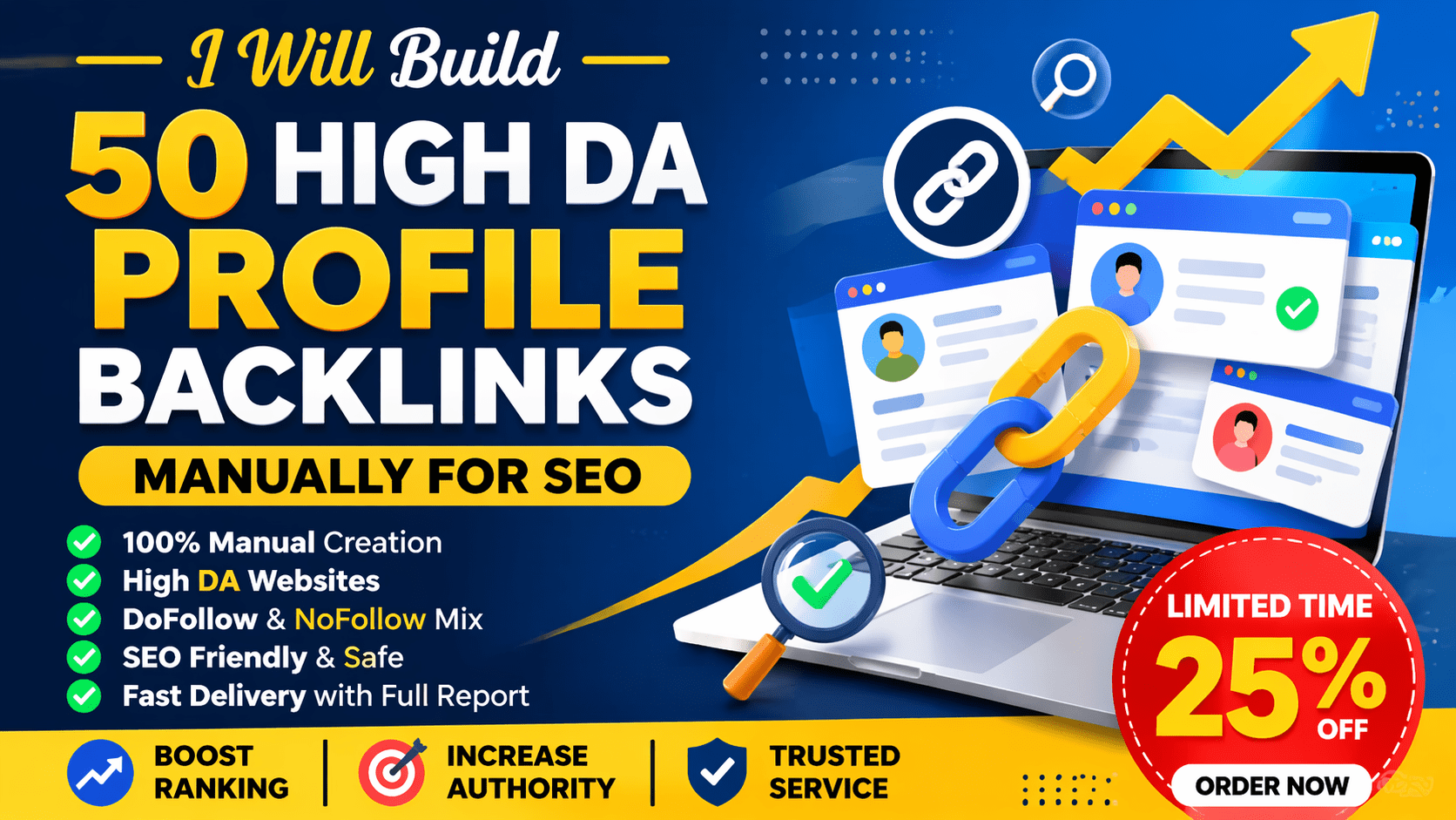 I Will Build 50 High DA Profile Backlinks Manually for SEO