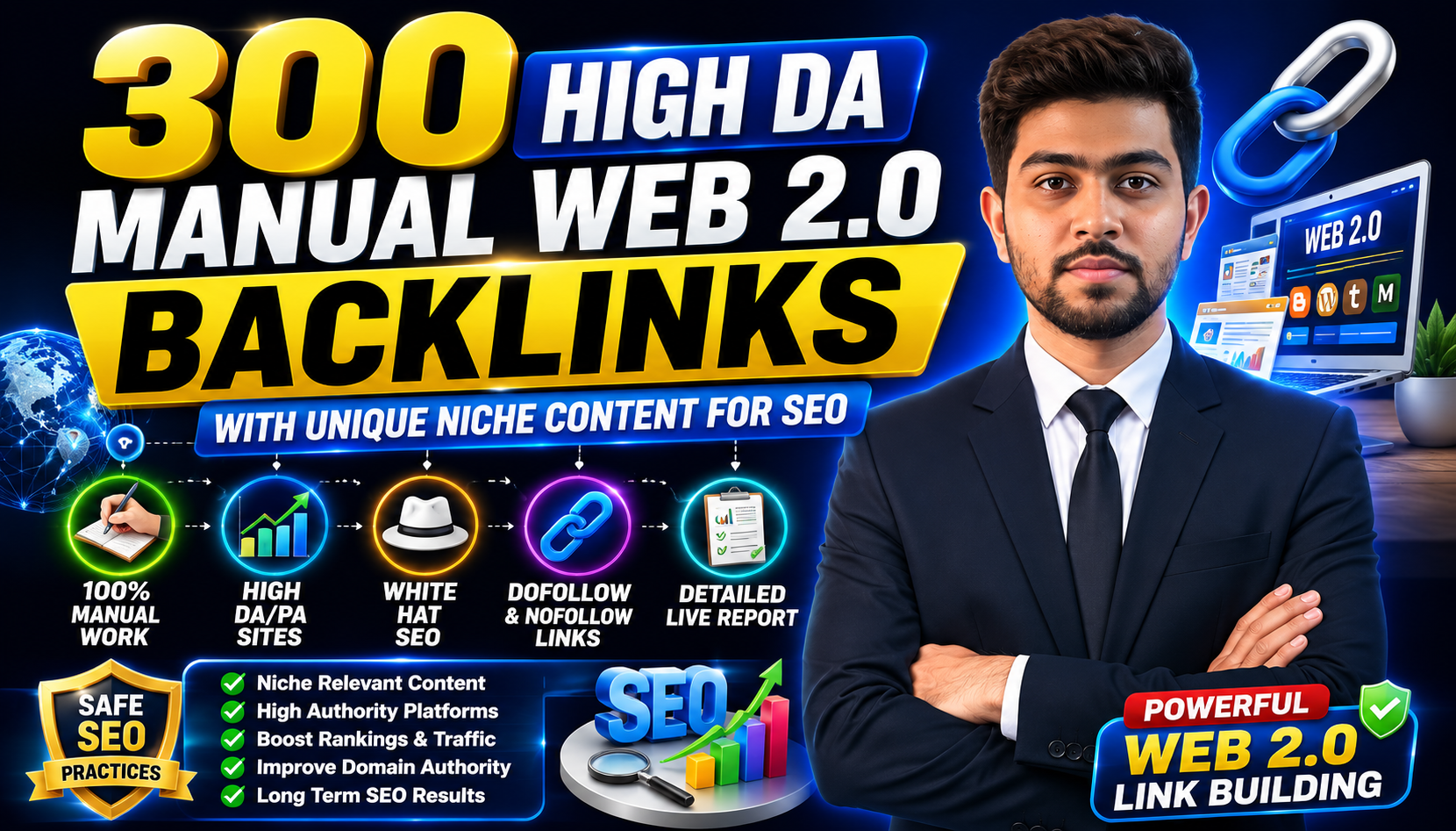 300 High DA Manual Web 2.0 Backlinks with Unique Niche Content for SEO 