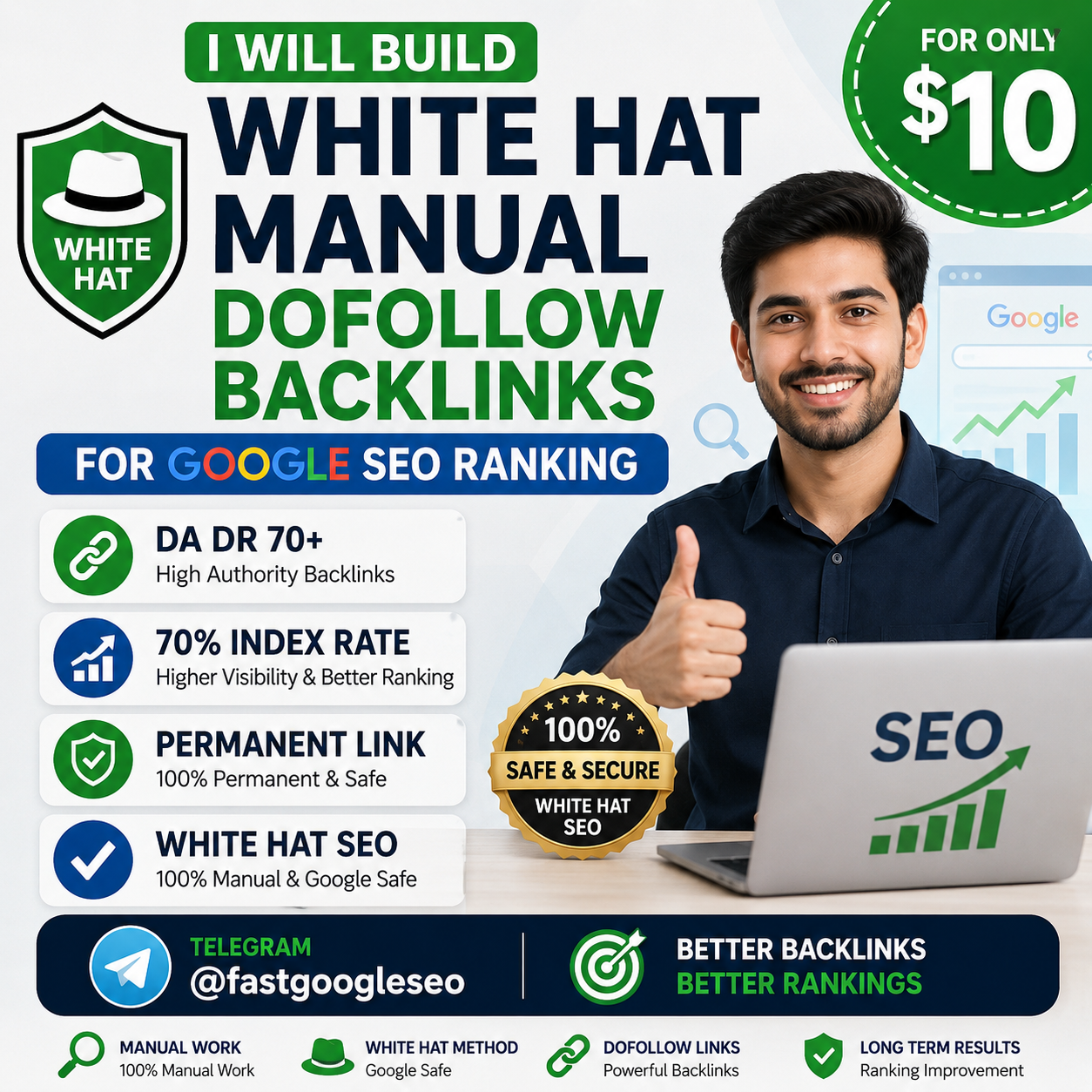 I will build white hat manual dofollow backlinks for Google SEO ranking