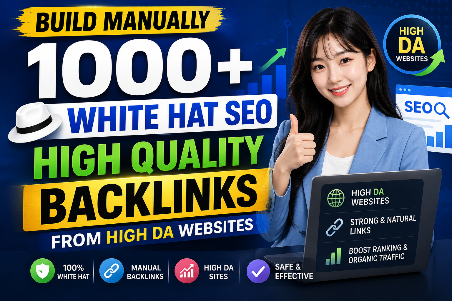 Build Manually 1000+ White Hat SEO High Quality Backlinks from High DA Websites