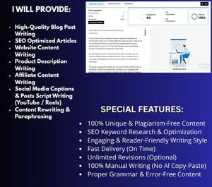 I will write articles and blogs that are 1000 words long and good for SEO. They will show up high on