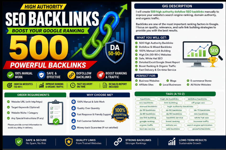 I will create 500 Powerfull dofollow SEO backlinks manually Rankking