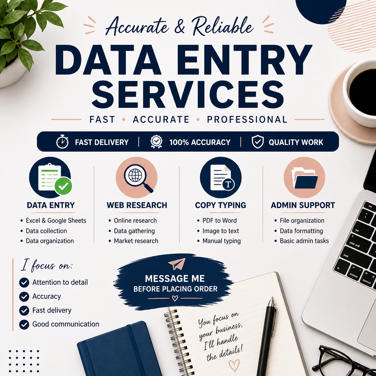 I will do accurate data entry, web research and copy typing