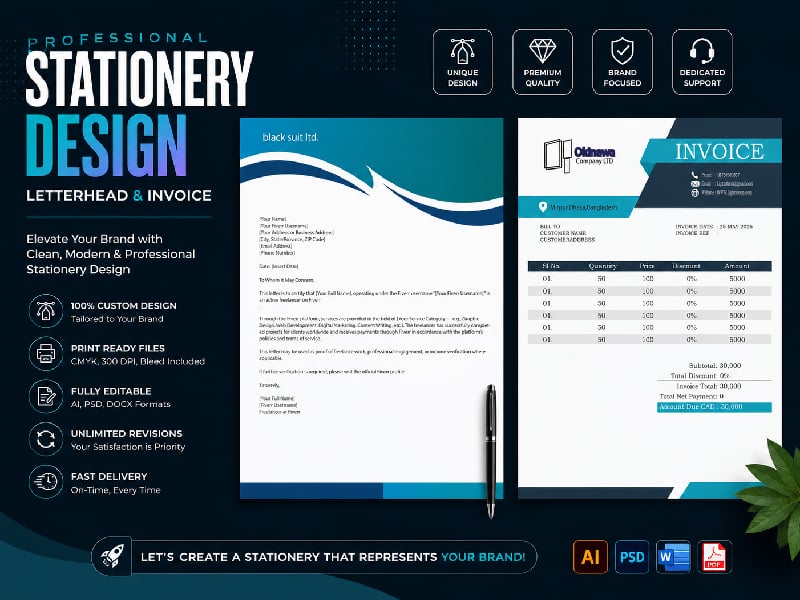 Clean & Minimalist Business Stationery Bundle: Letterhead and Invoice