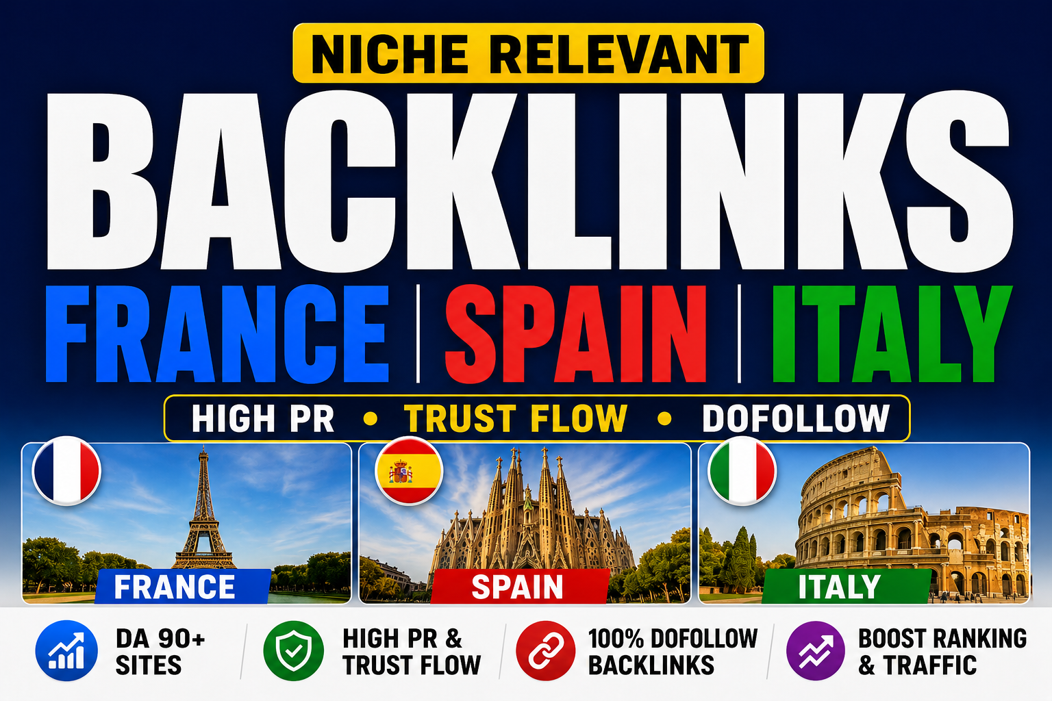 25 Niche Relevant DA 90 France Spain Italy Backlinks High PR Trust Flow Dofollow SEO Link Building