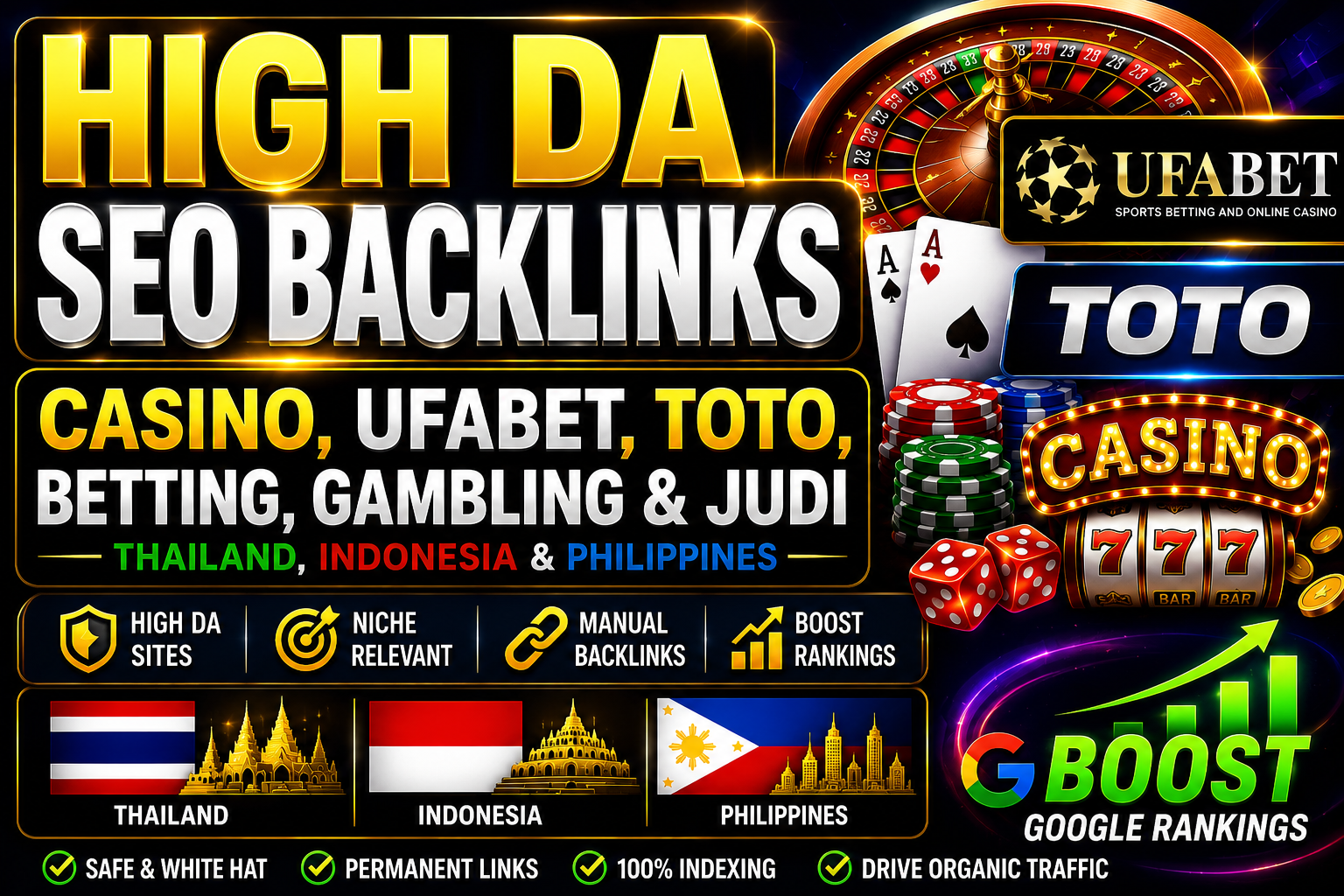 30 High DA Casino, UFABET, TOTO, Betting & Gambling SEO Backlinks Thailand, Indonesia & Philippines