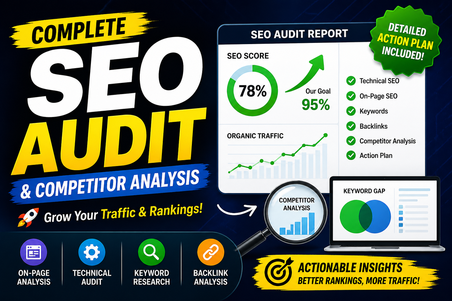 I will do complete website SEO audit, competitor ana...